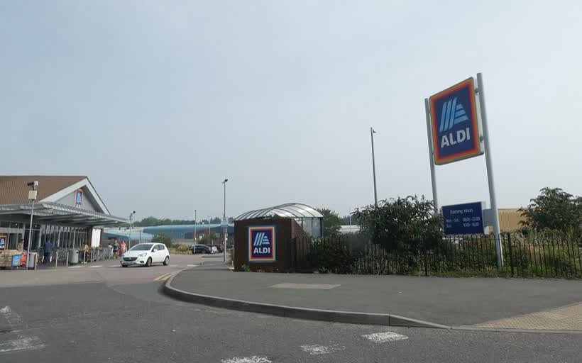 Entrance to Aldi supermarket, Belton Road, Loughborough, close to the Aldi on Belton Road, Loughborough