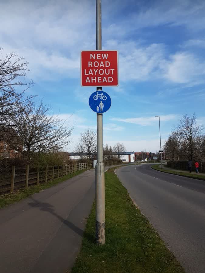 Sign on Allendale Road for the new road layout ahead at the roundabout., close to the Aldi on Allendale Road, Loughborough