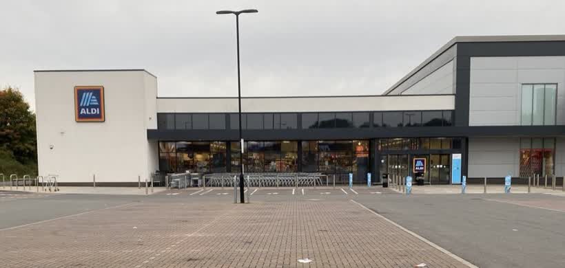 Aldi supermarket, Sinclair Retail Park Evesham, close to the Aldi on St Richards Road, Evesham