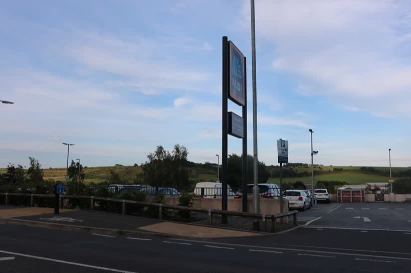 The entrance to Aldi on London Road, Salisbury, UK., close to the Aldi on London Road, Salisbury