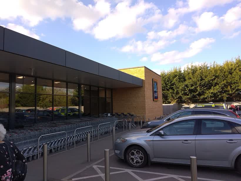 Trolleys at the front of Aldi supermarket, Moreton-in-Marsh, close to the Aldi on Stow Road, Moreton-In-Marsh