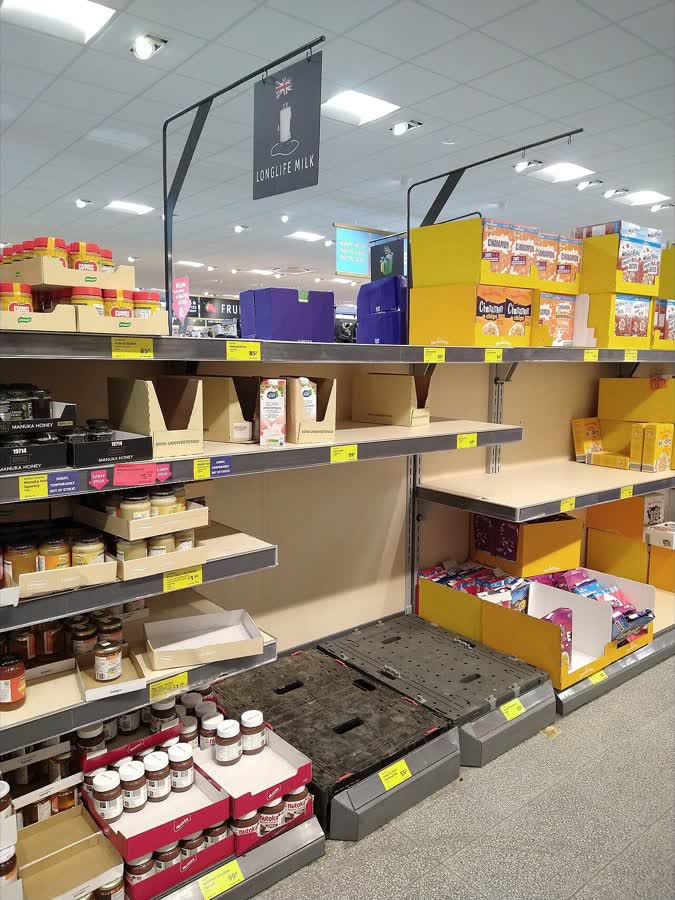 Shortages in ALDI East Barnet during the Coronavirus Covid 19 outbreak, close to the Aldi on Brookhill Road, Barnet