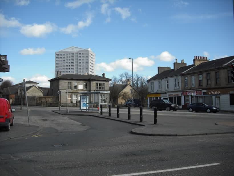 East High Street A view of East High Street Airdrie with the Milton Court tower block behind., close to the Aldi on High Street, Airdrie