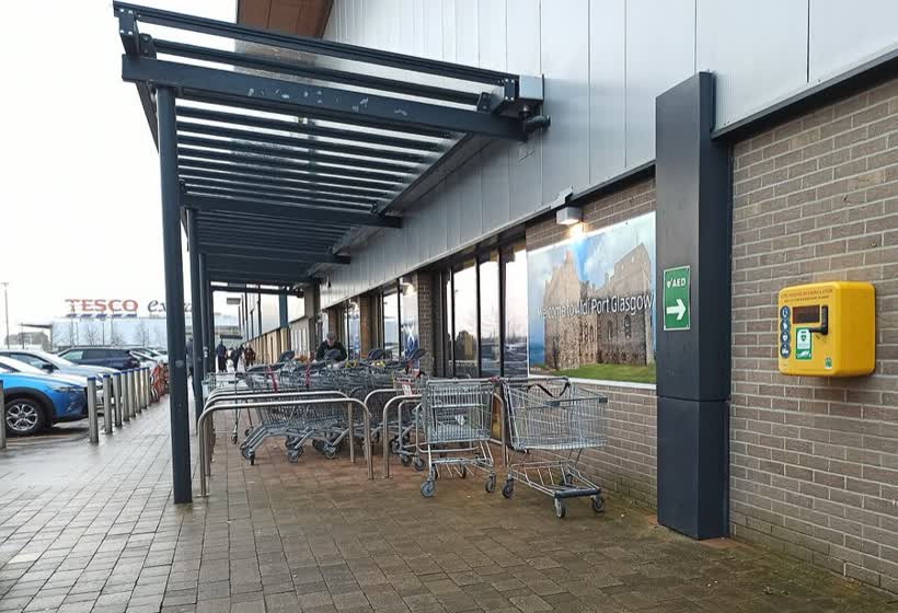 Defibrillator at Aldi, Port Glasgow, close to the Aldi on Russell Way, Port Glasgow