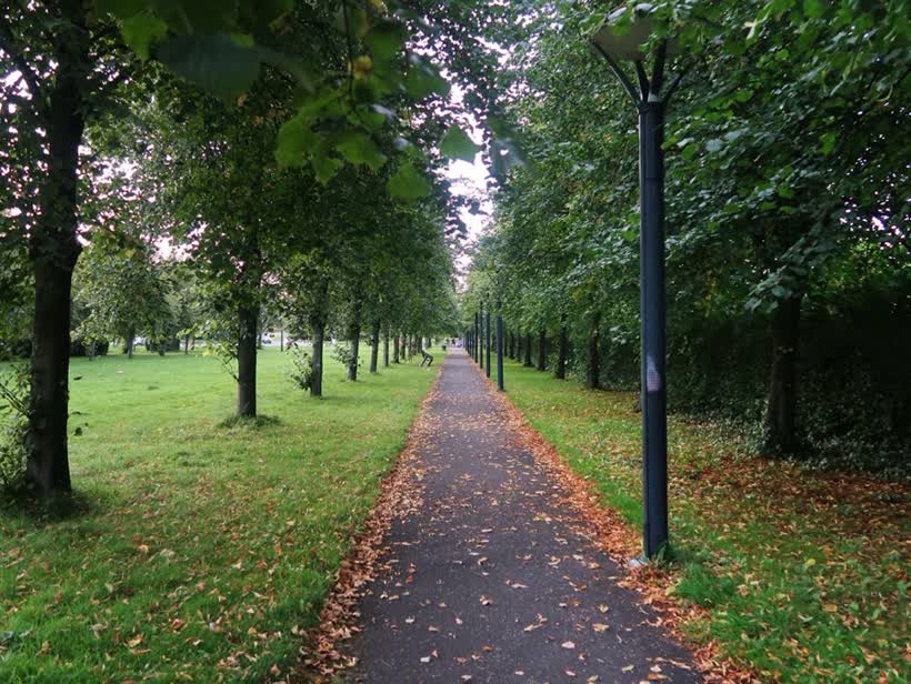 Tree lined footpath near Palace Grounds Retail Park, Hamilton, close to the Aldi on Palace Grounds Road, Hamilton
