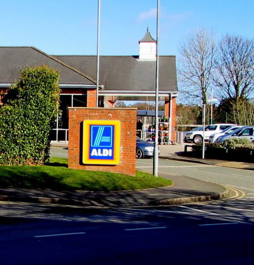 Aldi name sign, Neston, close to the Aldi on Ladies Walk, Neston