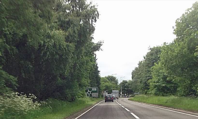 A53 approaching A529 roundabout, close to the Aldi on Cook Way, Market Drayton