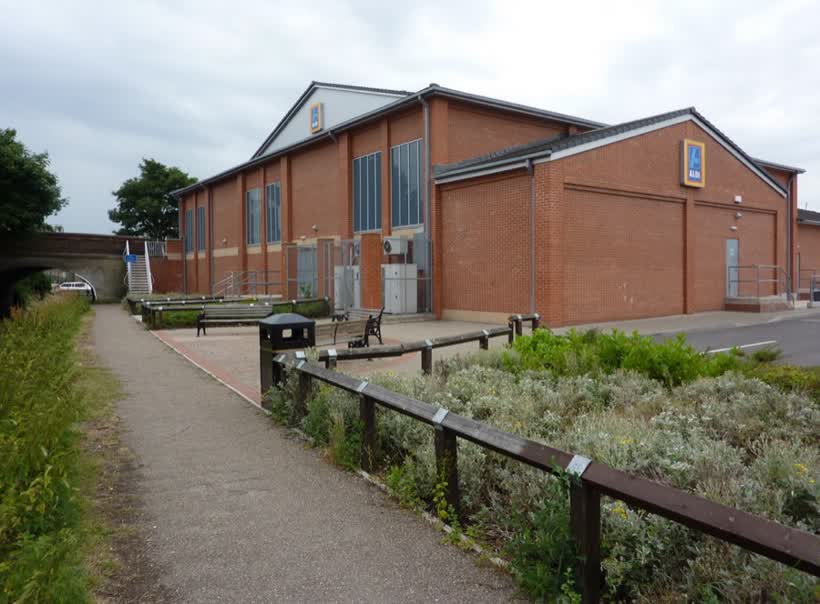 Aldi supermarket from the canal towpath, close to the Aldi on Carolgate, Retford
