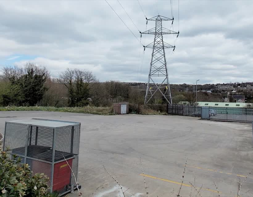 Electricity pylon at the edge of the Aldi site in Tir-y-berth, close to the Aldi on New Road, Tir Y Berth
