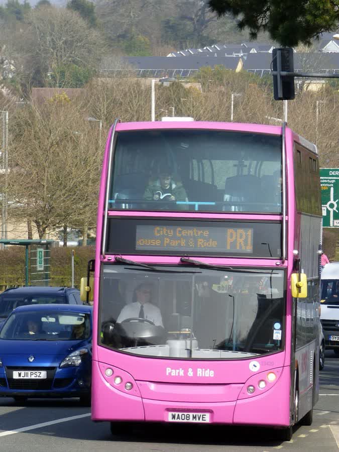 33420 WA08MVE First Devon & Cornwall Ltd Dennis Trident Alexander Enviro 400 H42/26F FG12sp: PLYMOUTH Park & Ride L1000656 20 March 2015 Derriford Plymouth Route-PR1, close to the Aldi on Bravo Way, Plymouth