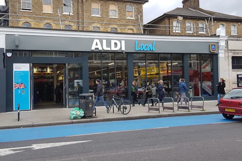 A photo of a branch of the supermarket Aldi Local in Balham, south London. This branch is the first Aldi Local, a variation of the Aldi discount supermarket that Aldi Süd GmbH has created., close to the Aldi on Balham High Road, London